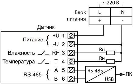 Схема внешних электрических подключений датчиков HTE.VS-2T-RS