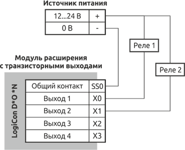 Схема подключения дискретных выходов транзисторного типа