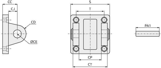 Габариты монтажных стоек с боковыми проушинами и осью VALMA CME-MP2AA4